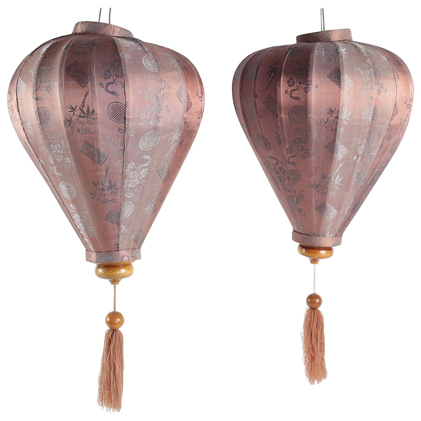 Pair of Antique Asian Lanterns in Silk and Wood, Asia, China