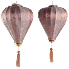 Pair of Antique Asian Lanterns in Silk and Wood, Asia, China