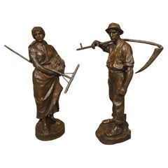 Pareja de Figuras Austriacas Antiguas de Bronce 'Volviendo de los Campos', Hans Müller