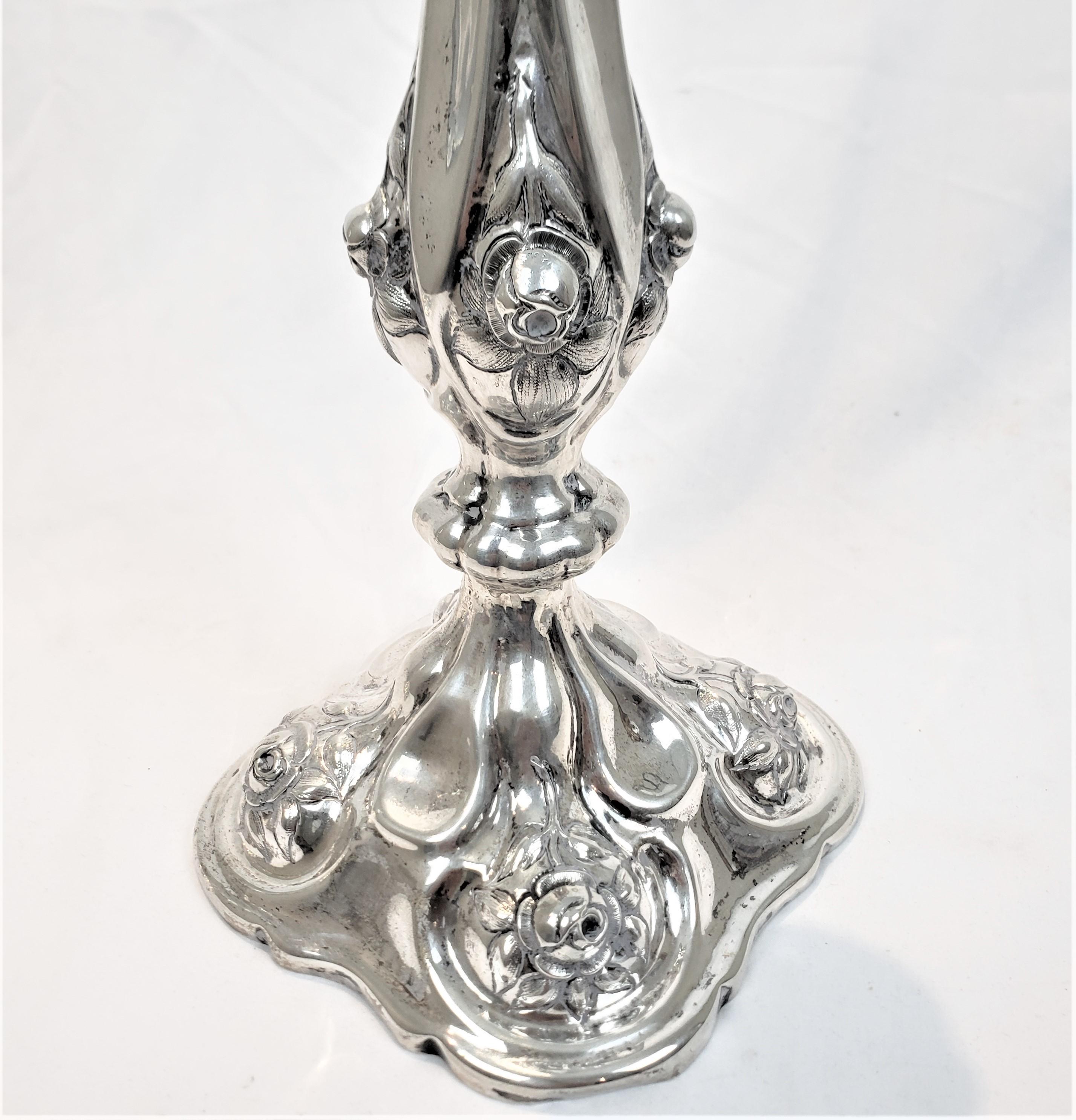 Pair of Antique Austro-Hungarian Silver Candlesticks with Chased Flowers For Sale 5