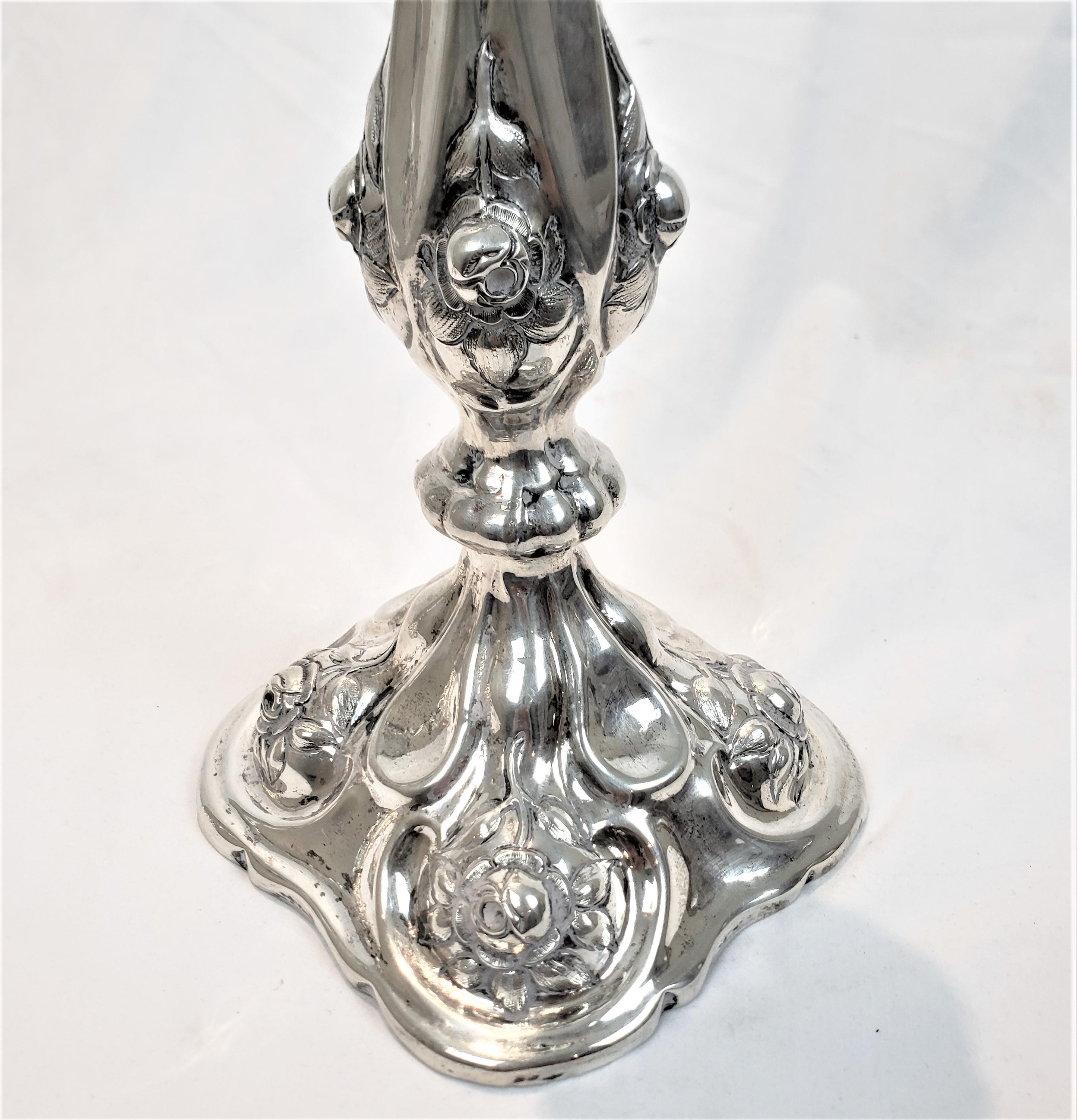 Pair of Antique Austro-Hungarian Silver Candlesticks with Chased Flowers For Sale 6