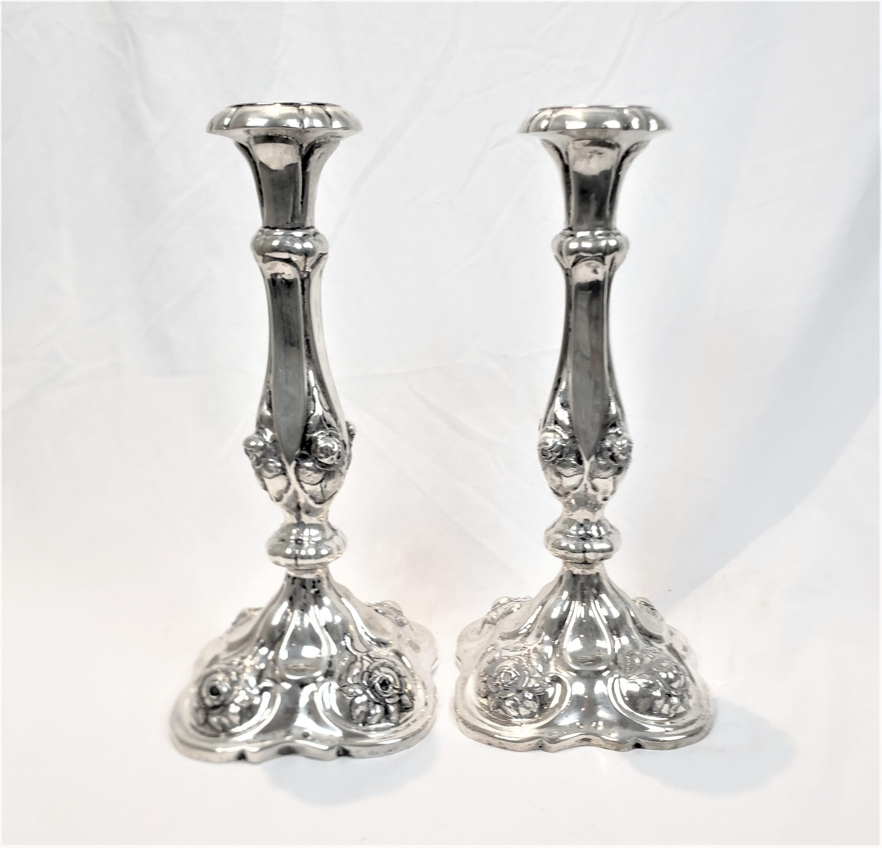 Pair of Antique Austro-Hungarian Silver Candlesticks with Chased Flowers For Sale 2