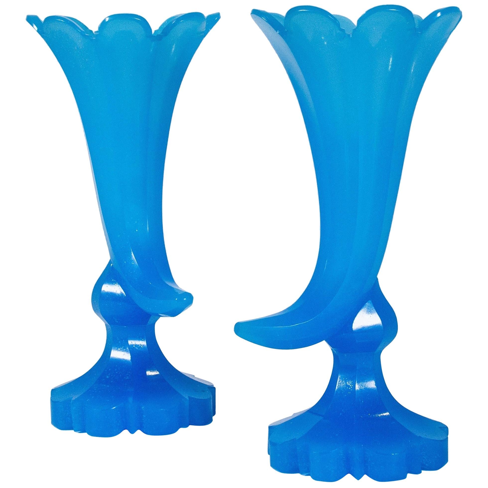 Pair of Antique Baccarat Blue Opaline Cornucopia Vases on Plinths For Sale