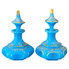 Pair of Antique Baccarat Blue Opaline Glass with Gold Decor Perfume Bottles