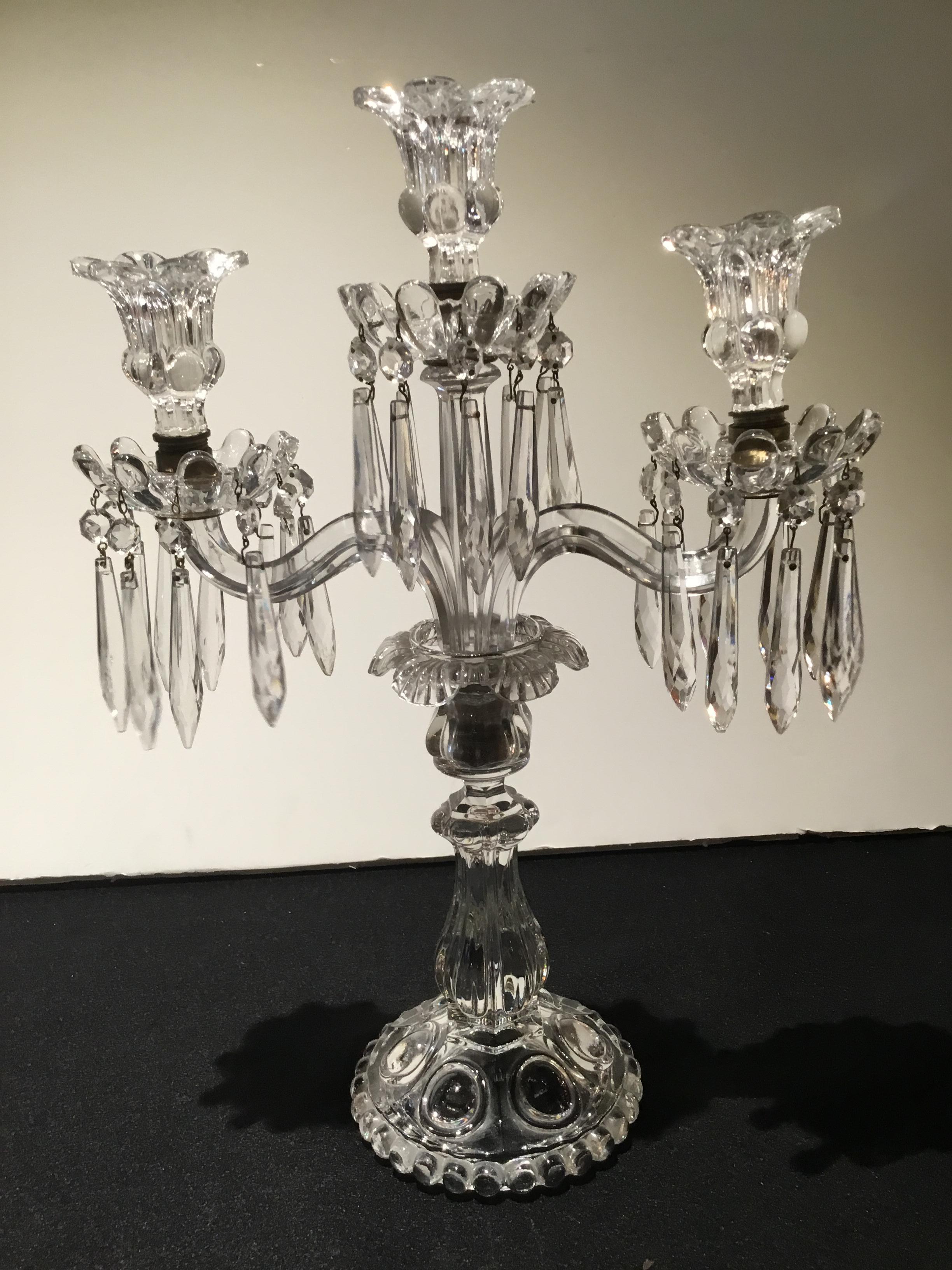 French Pair of Antique Baccarat Crystal Three-Light Candelabrum