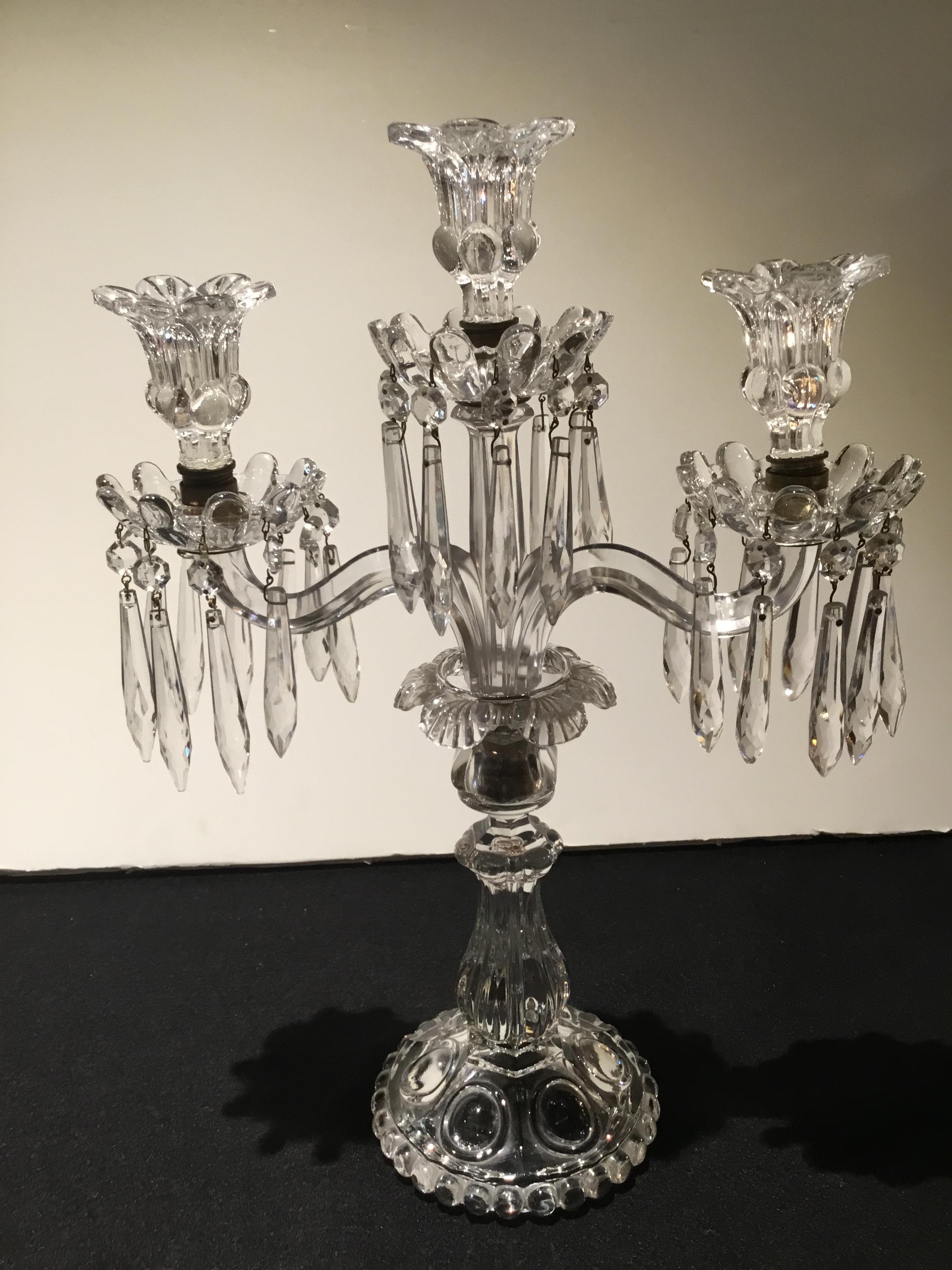Pair of Antique Baccarat Crystal Three-Light Candelabrum In Good Condition In Houston, TX