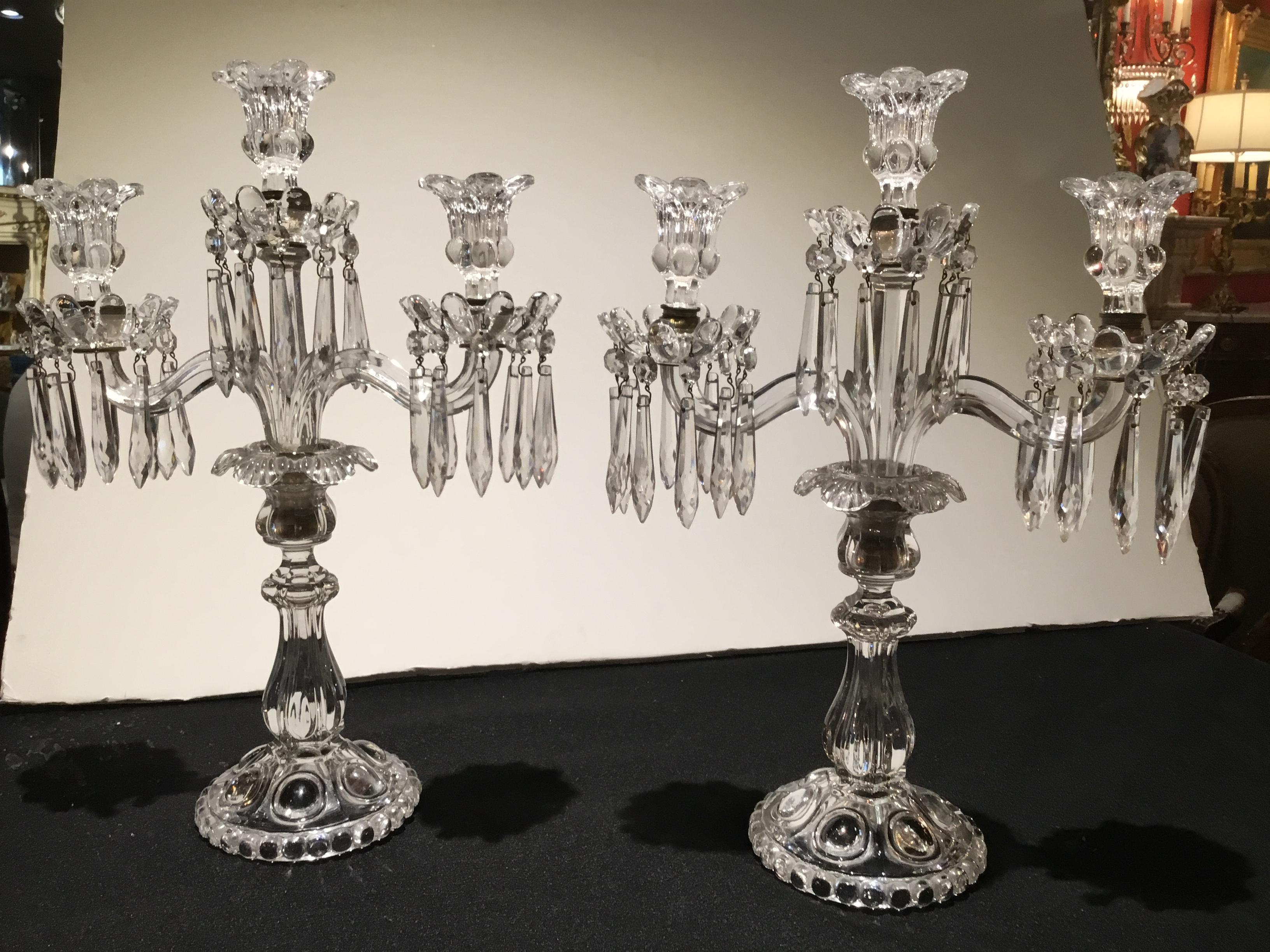 19th Century Pair of Antique Baccarat Crystal Three-Light Candelabrum