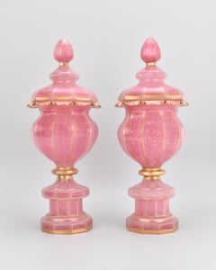 Pair of Antique Baccarat Gilded Pink Opaline Glass Goblets, 19th Century