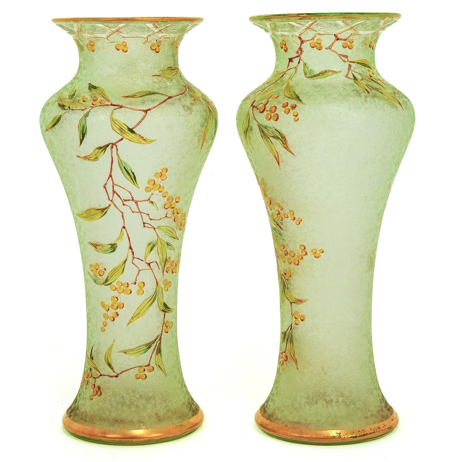 Pair of Antique Baccarat Green Cameo Vases For Sale 3