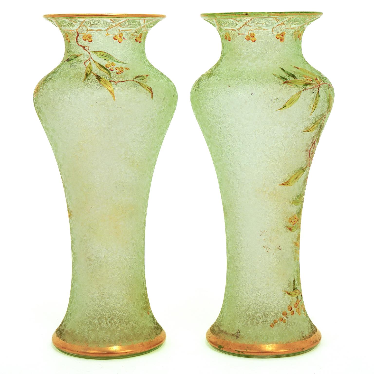 Pair of Antique Baccarat Green Cameo Vases For Sale 4