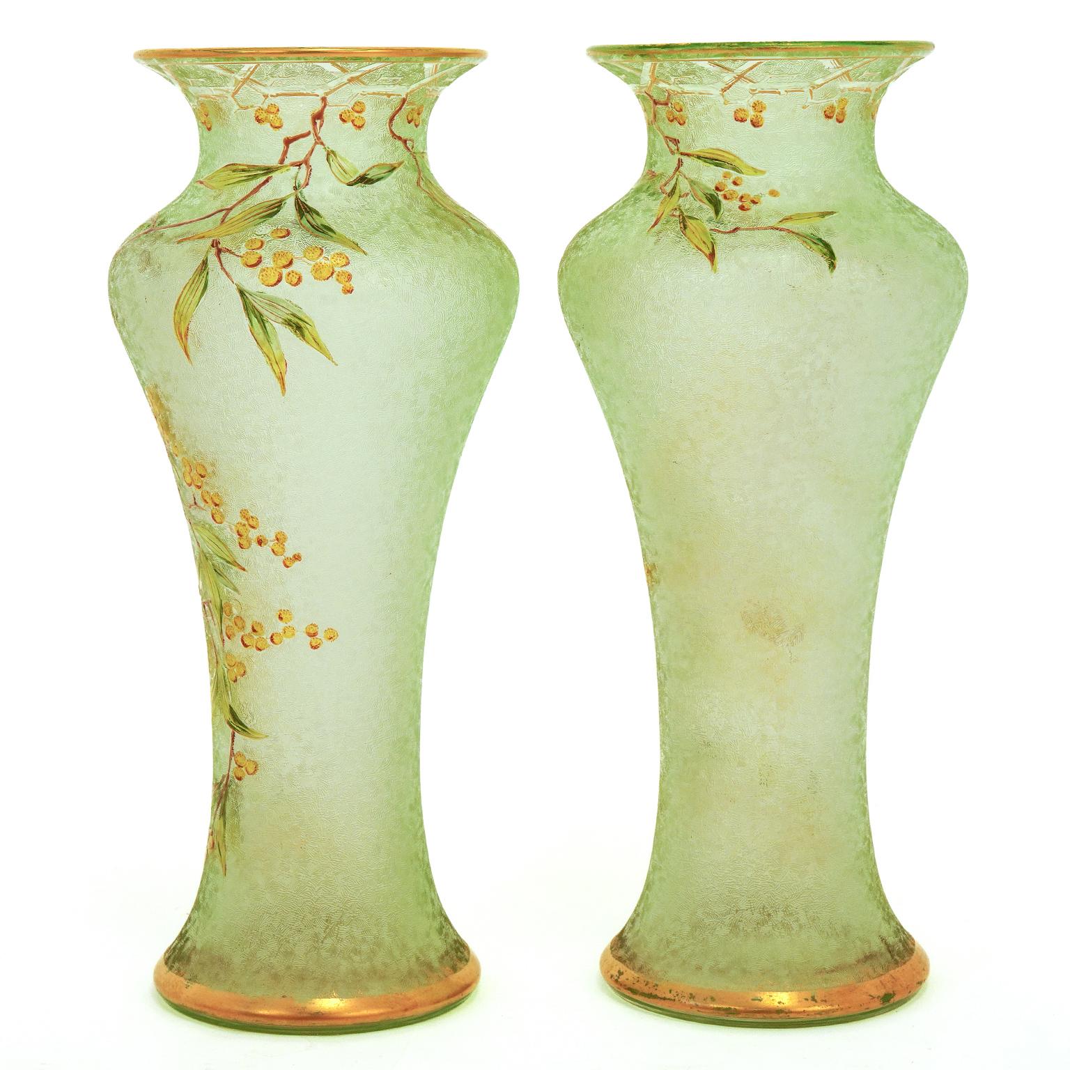 Pair of Antique Baccarat Green Cameo Vases For Sale 5
