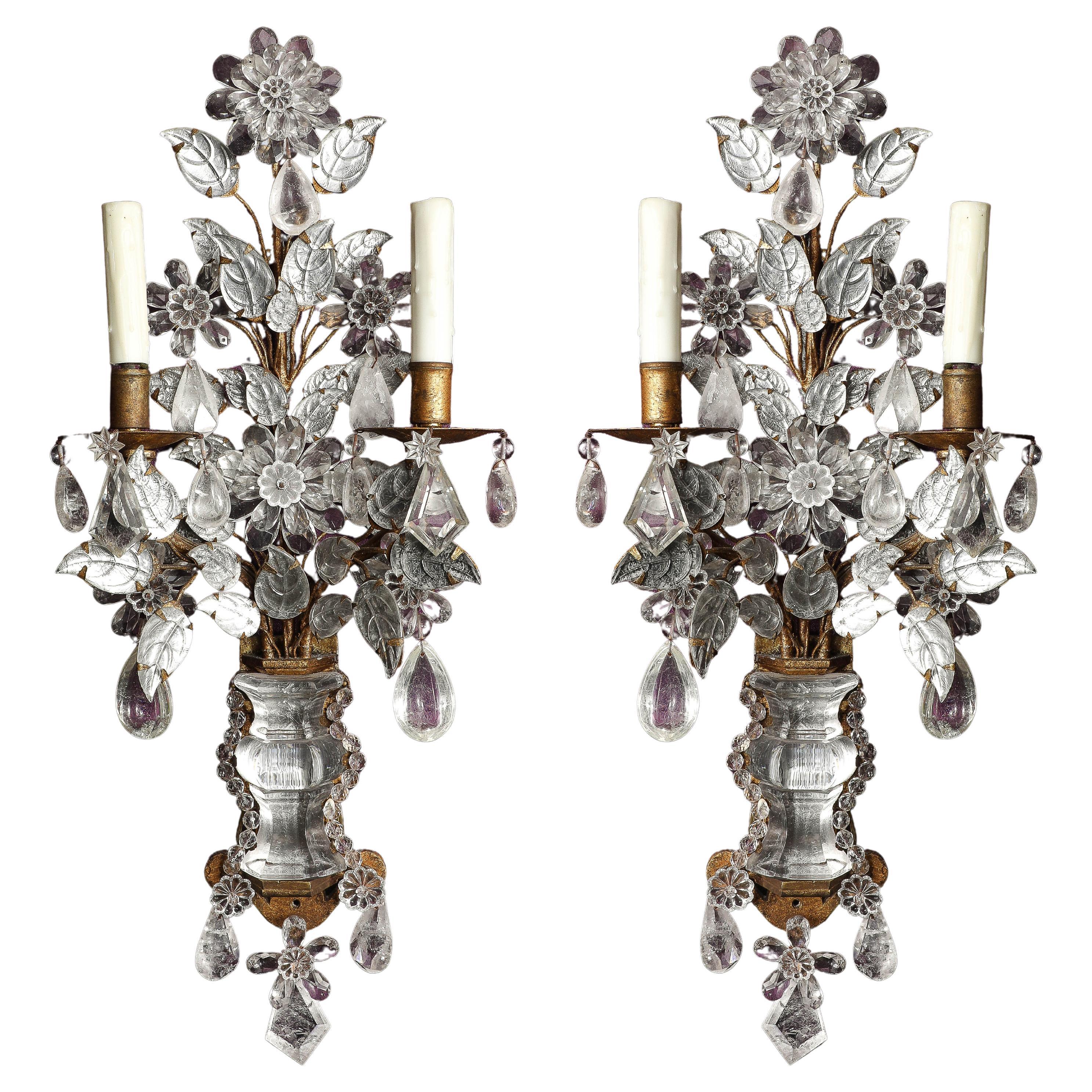 Pair of Antique Bagues Double-Light Rock Crystal and Glass Tree of Life Sconces For Sale