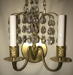 Pair of Antique Baltic Doré Bronze Crystal Spray 2-Arm Ram's Head Sconces