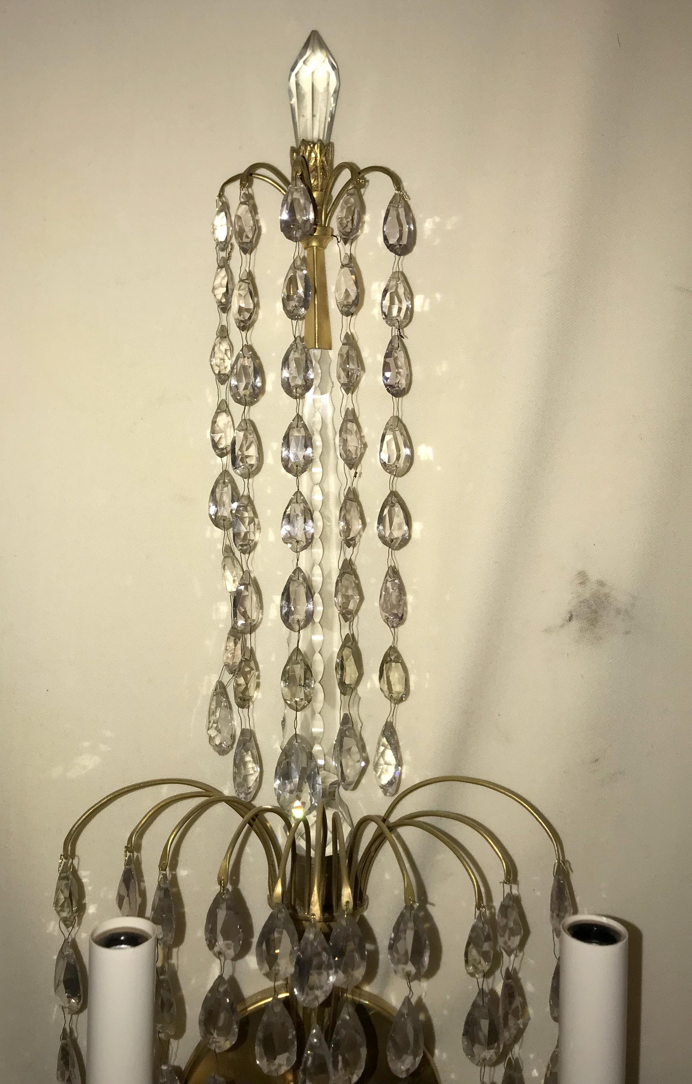 French Pair of Antique Baltic Doré Bronze Crystal Spray 2-Arm Ram's Head Sconces For Sale