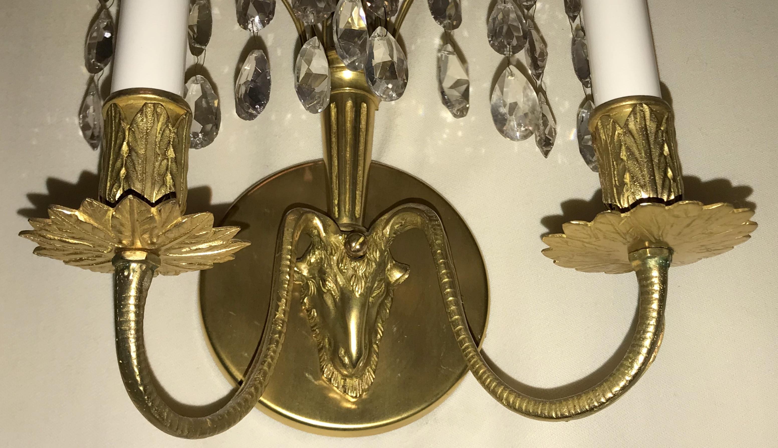 Gilt Pair of Antique Baltic Doré Bronze Crystal Spray 2-Arm Ram's Head Sconces For Sale
