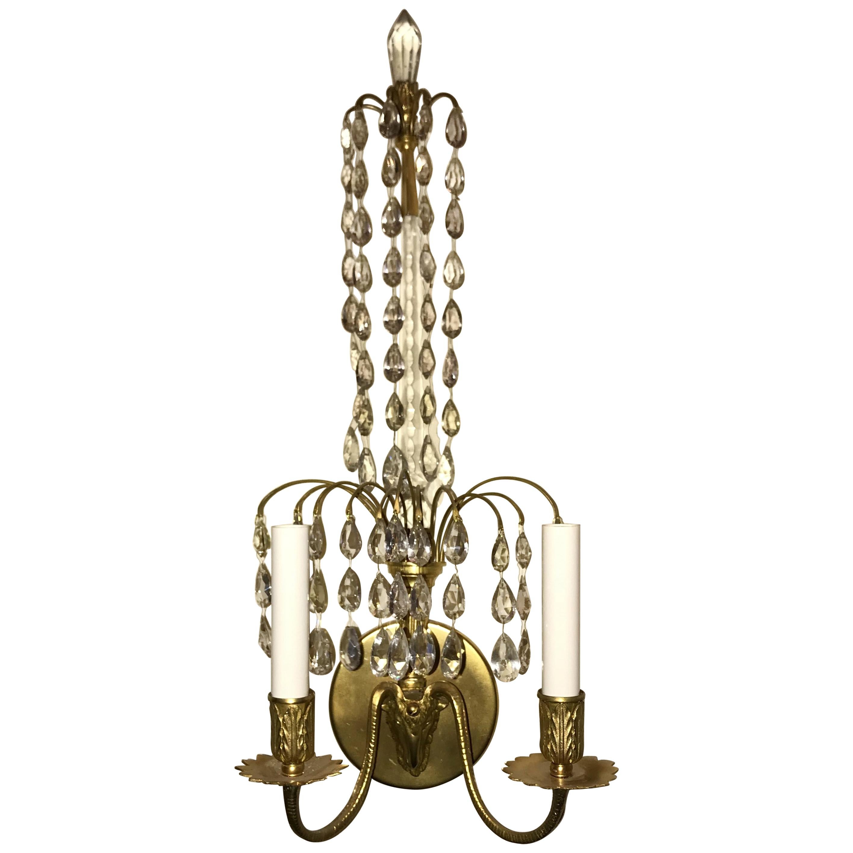 Paar antike Baltic Dor Bronze Crystal Spray 2-Arm Widderkopf-Wandleuchter im Angebot