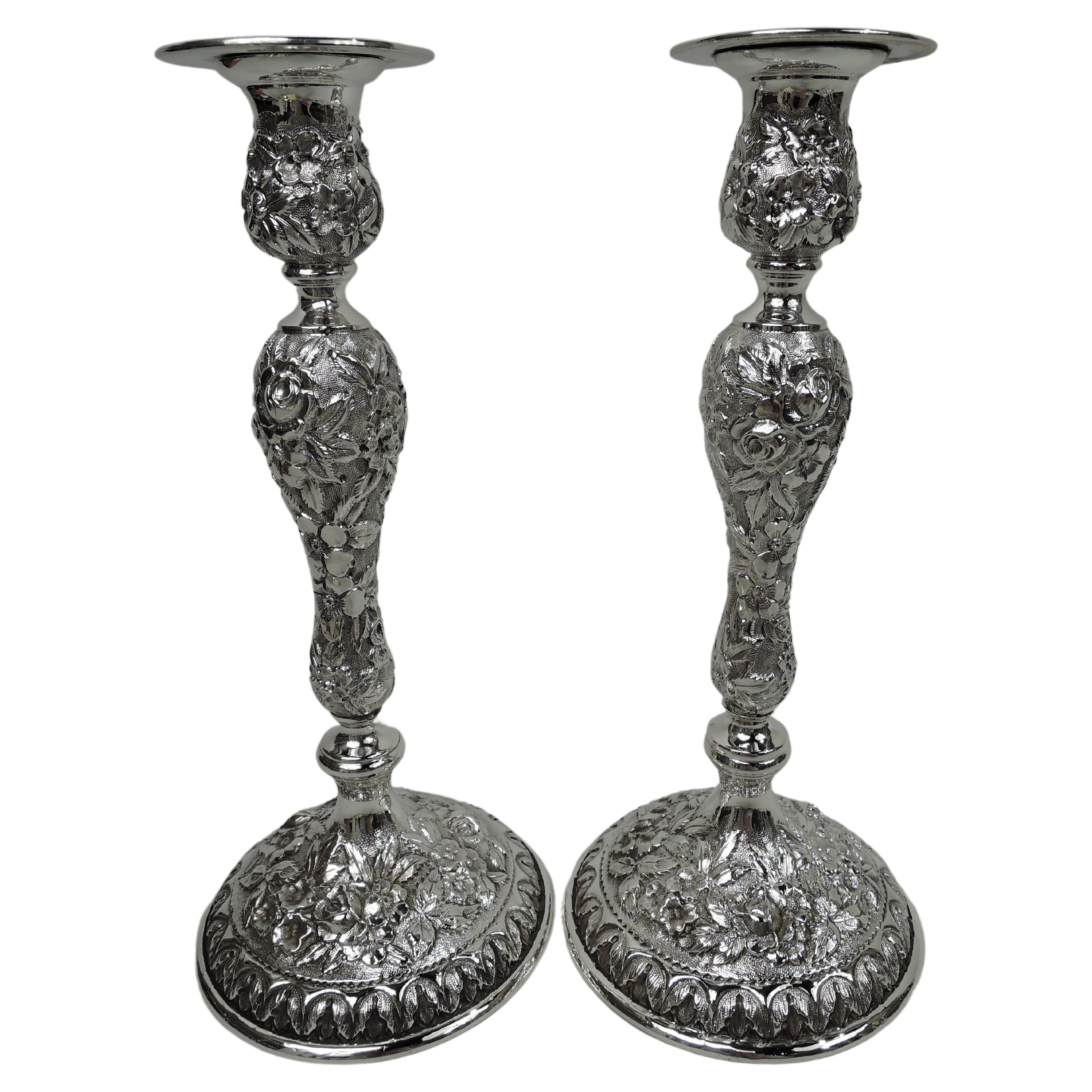 Pair of Antique Baltimore Repousse Sterling Silver Candlesticks For Sale