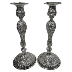 Pair of Antique Baltimore Repousse Sterling Silver Candlesticks