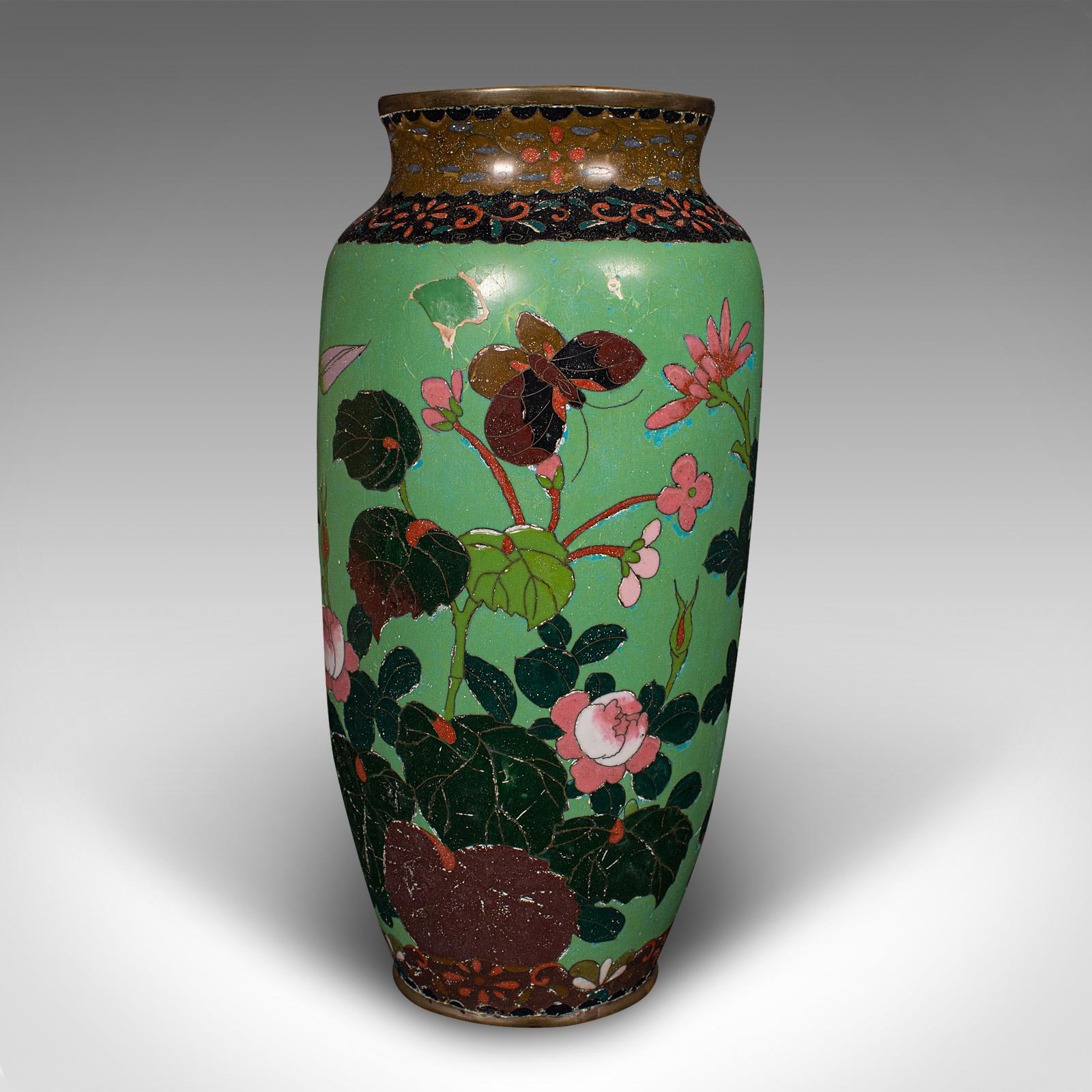 Metal Pair Of Antique Baluster Vases, Japanese, Cloisonne Flower Urn, Meiji, Victorian For Sale