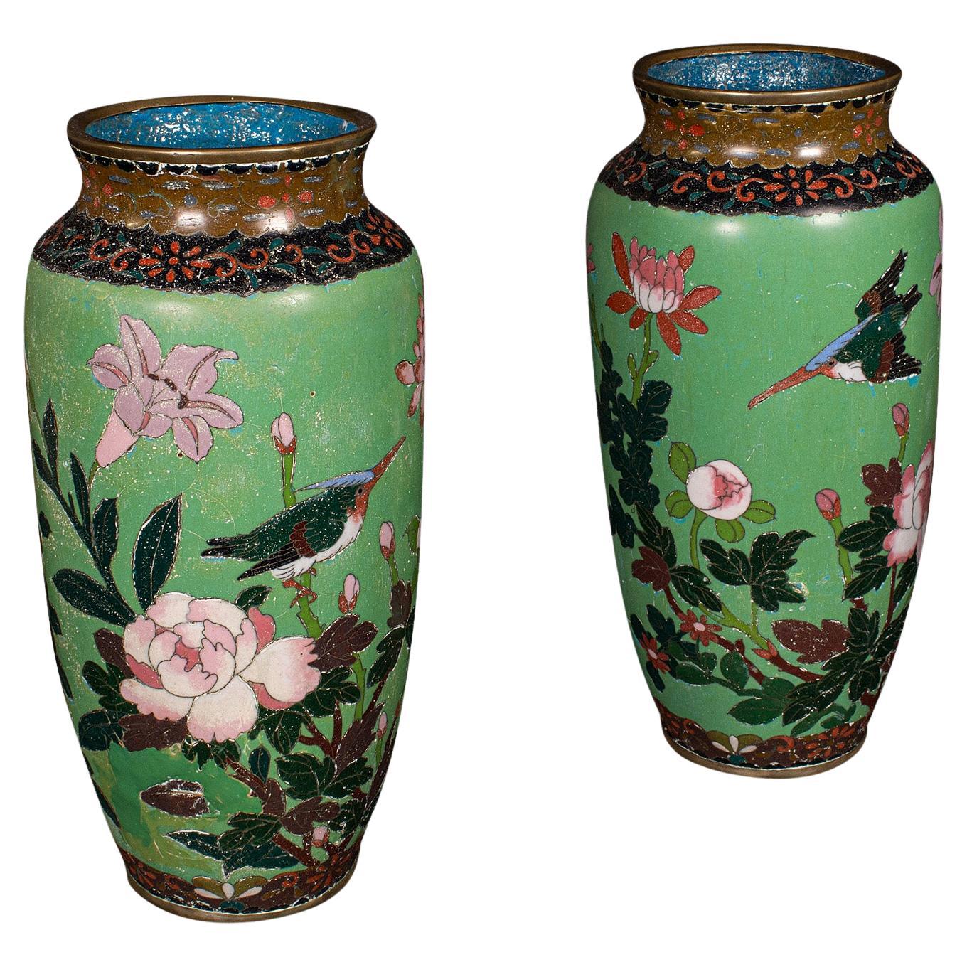 Pair Of Antique Baluster Vases, Japanese, Cloisonne Flower Urn, Meiji, Victorian For Sale