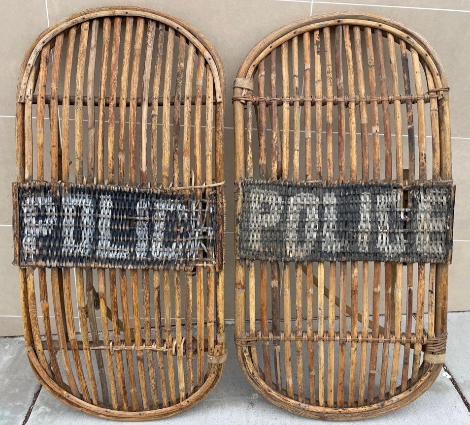 Authentic pair of Indian police shields made of bamboo. I am dating these to the 1940s. A brilliant depiction of how crowd control was done back in the day! These make a fantastic statement on the wall.