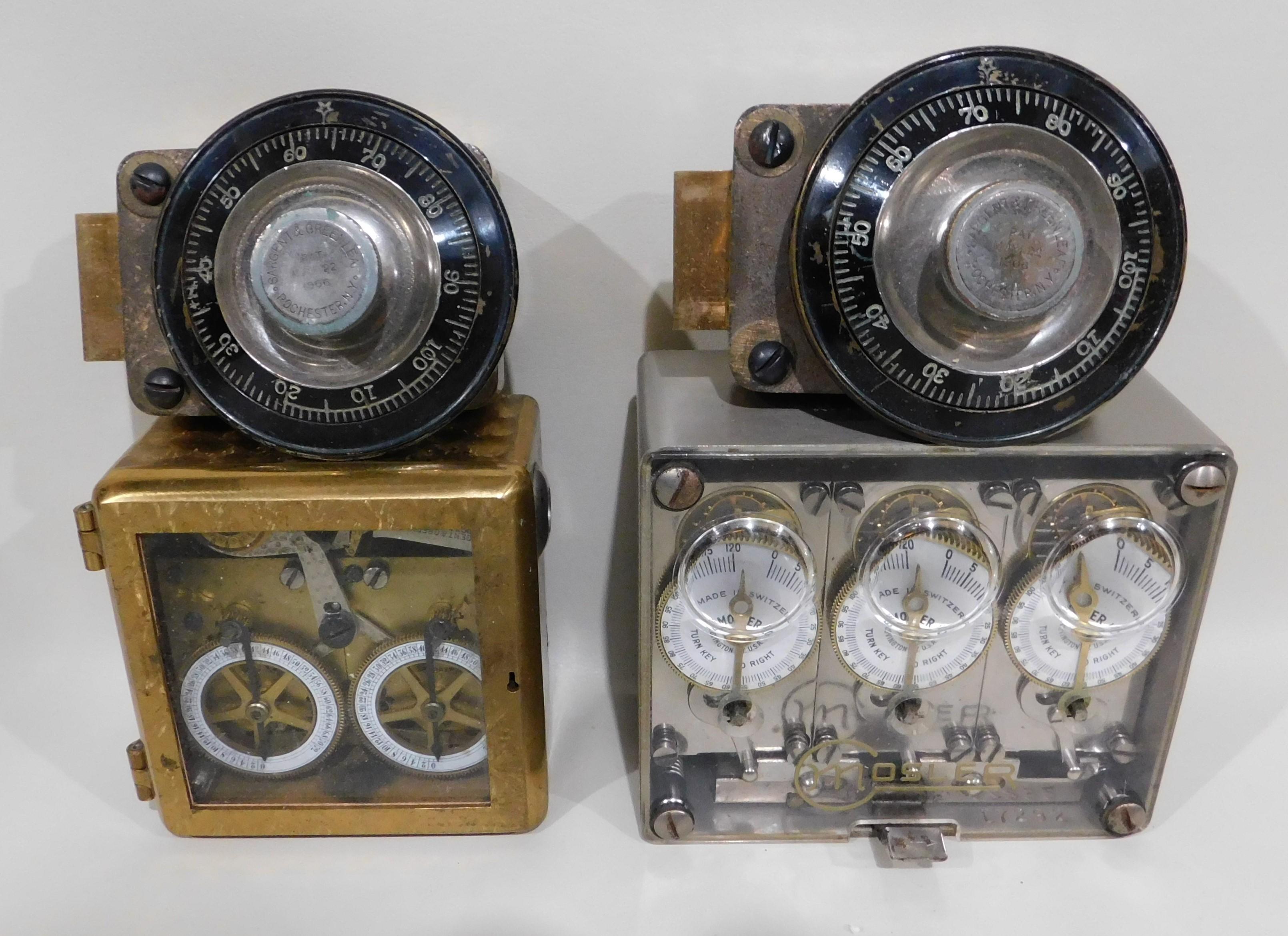 Pairs of Sargent and Greenleaf tumblers pattented 1907 and one timer patented 1877, the other 3 movement time lock was made by Mosler Buffalo New York, circa 1910-1930. These were salvaged from a bank from Williams Street in New York city's