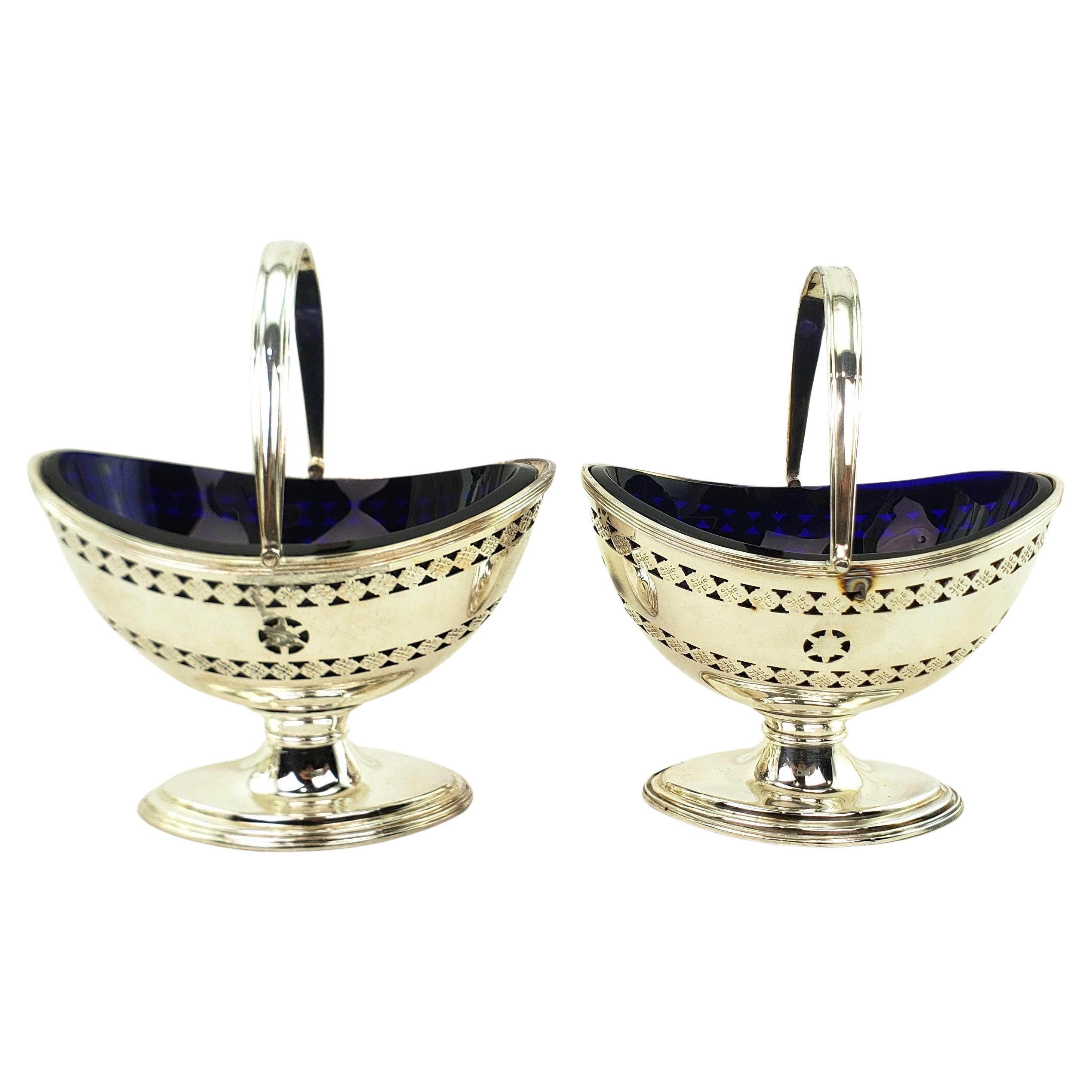 Pair of Antique Barker-Ellis Silver Plated Condiment Servers with Cobalt  Liners
