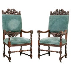 Pair Of Antique Barley Twist Oak Throne Chairs