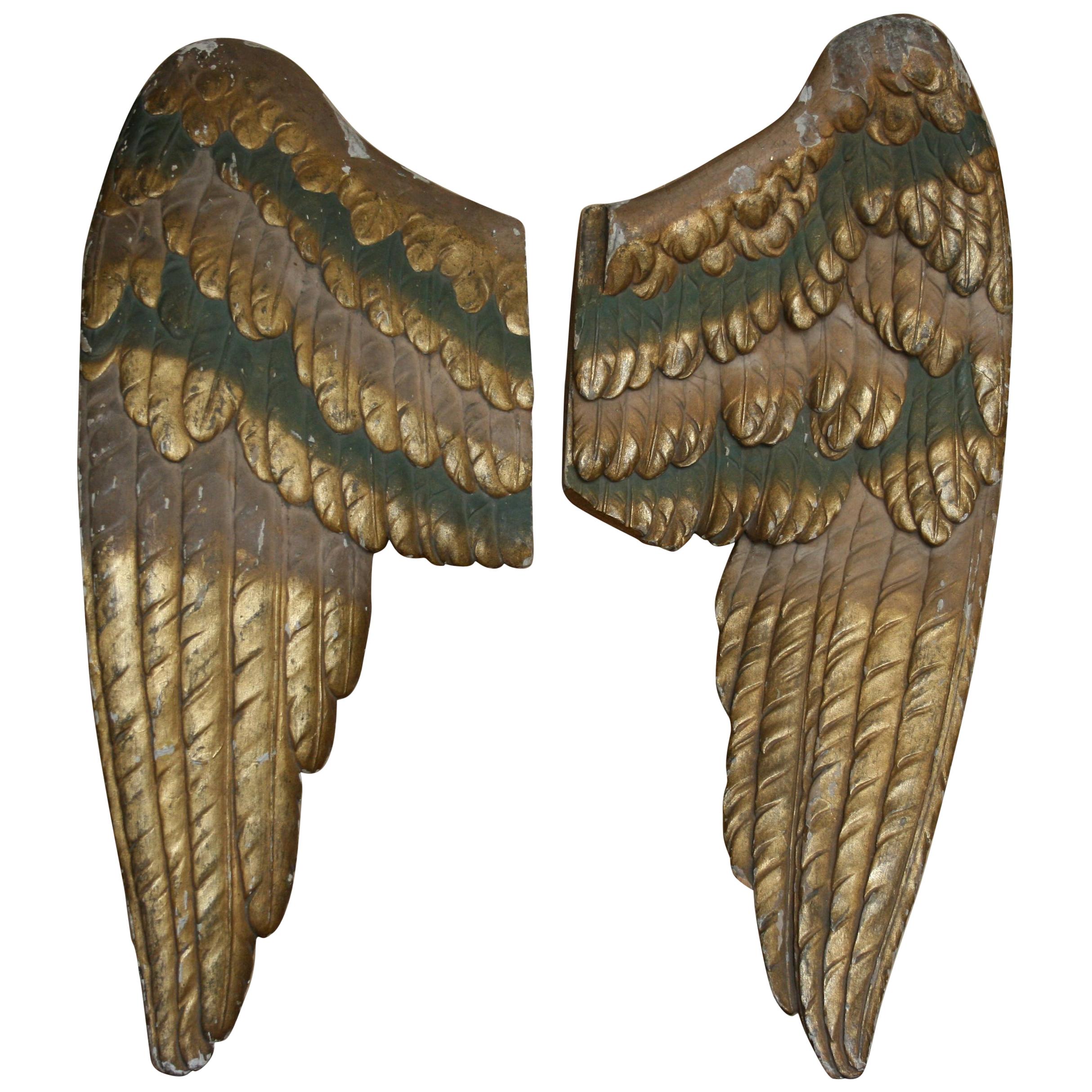 Pair of Antique Baroque Angel Wings, Hand Carved Wood and Giltwood