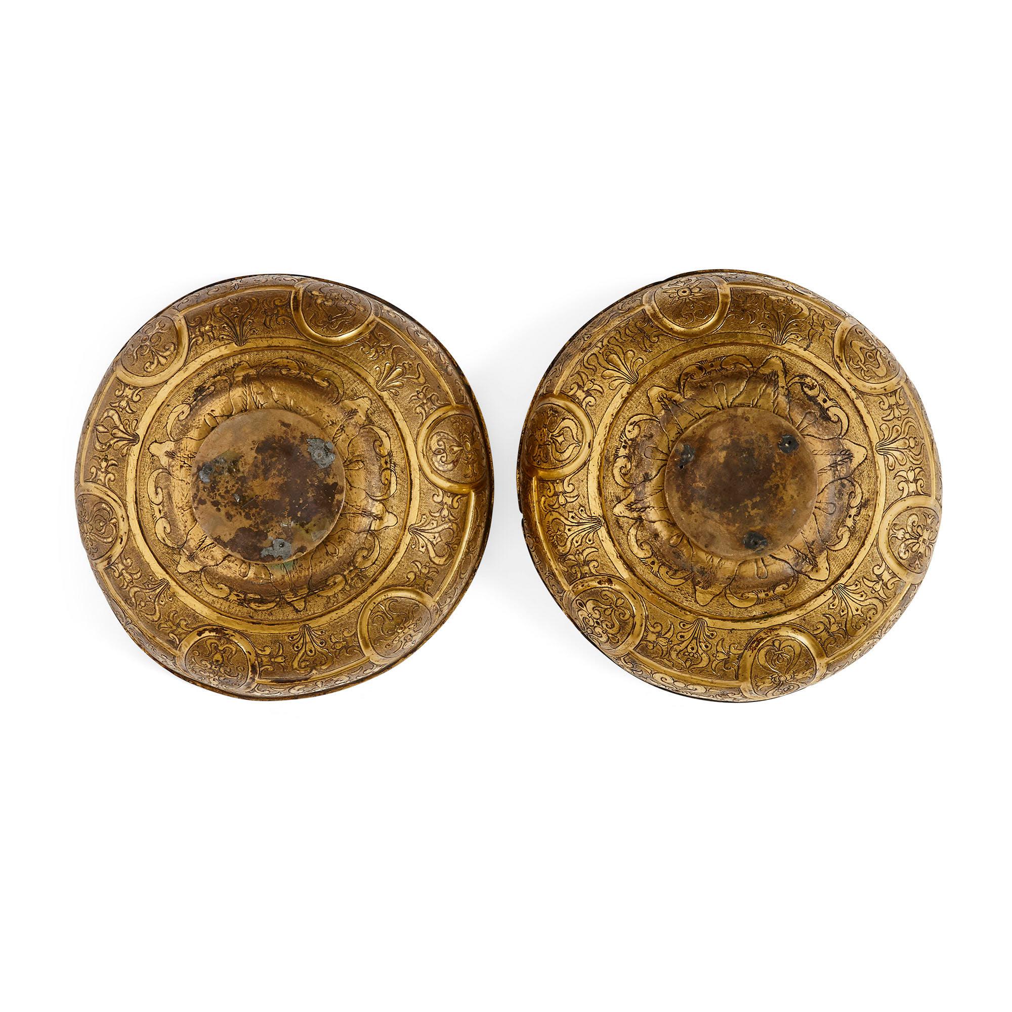 Pair of Antique Baroque Period Venetian Gilt Copper Bowls For Sale 2