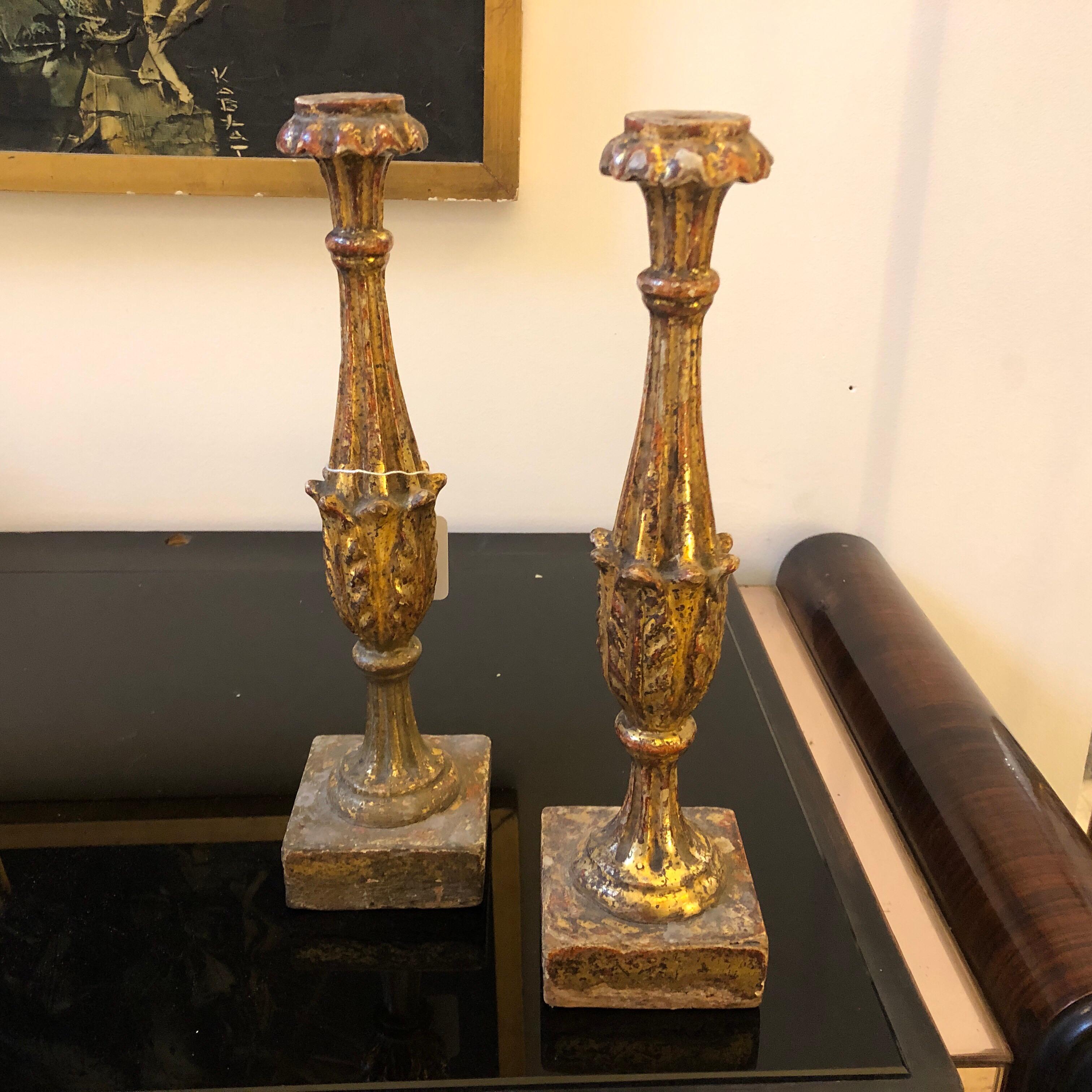 Pair of Antique Baroque Sicilian Giltwood Candlesticks In Good Condition In Aci Castello, IT