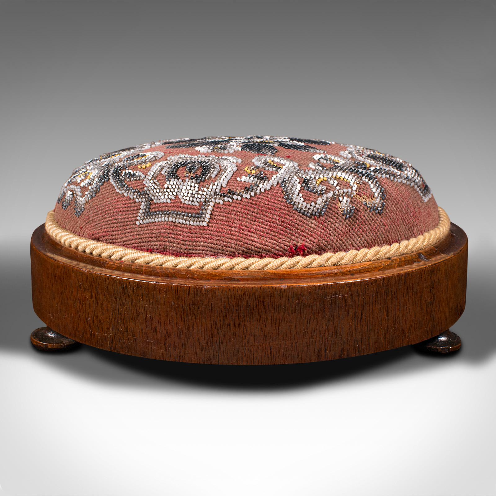 British Pair Of Antique Beadwork Footstools, English, Decorative Rest, Stool, Victorian