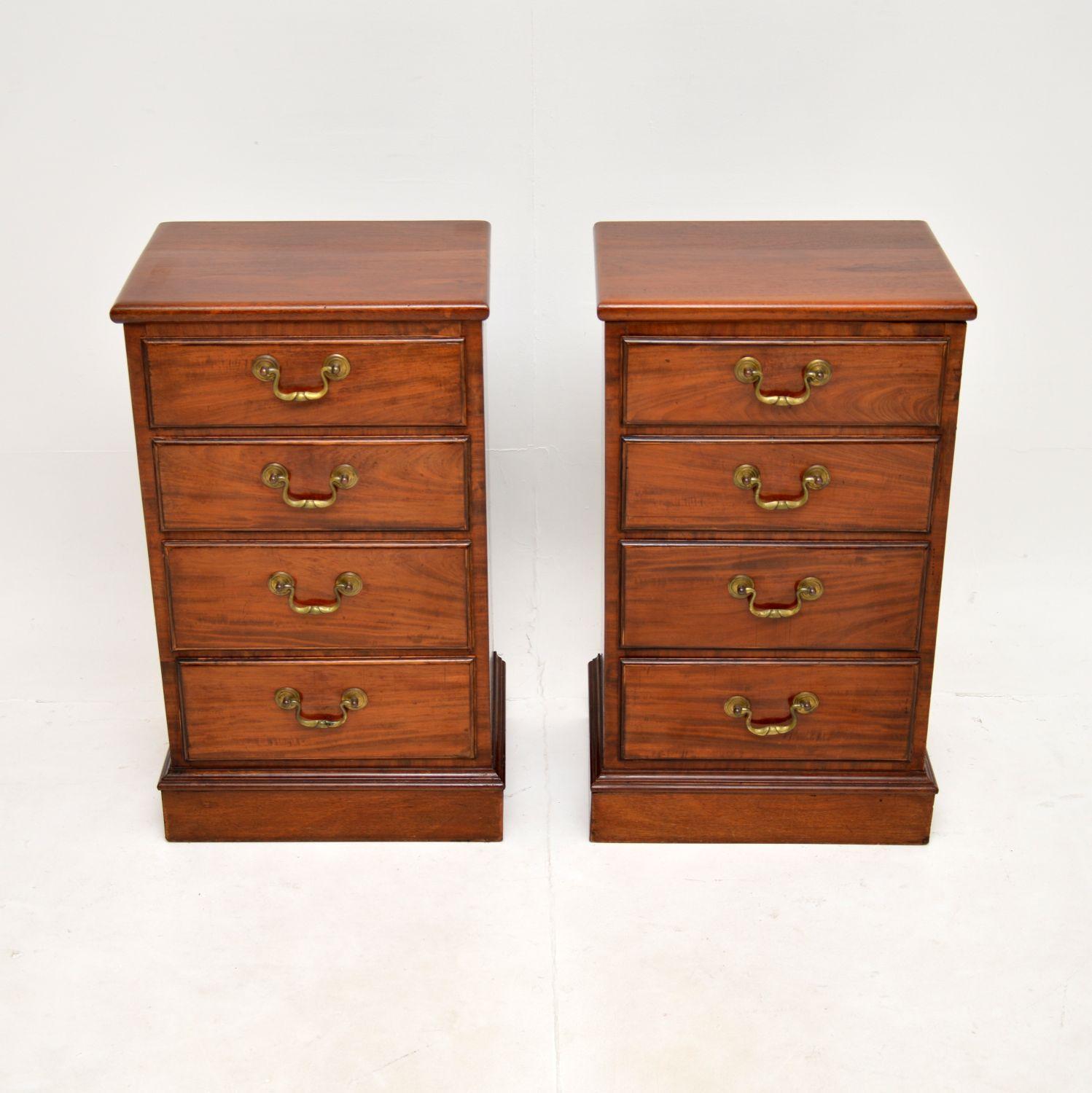 A smart and very well made pair of antique bedside chests. They were made in England, they date from around the 1900-1910 period.

They are of lovely quality and are a very useful size. The wood has a gorgeous colour tone, each has four drawers with