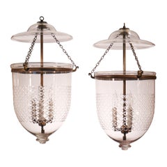 Pair of Antique Bell Jar Lanterns with Diamond Etching