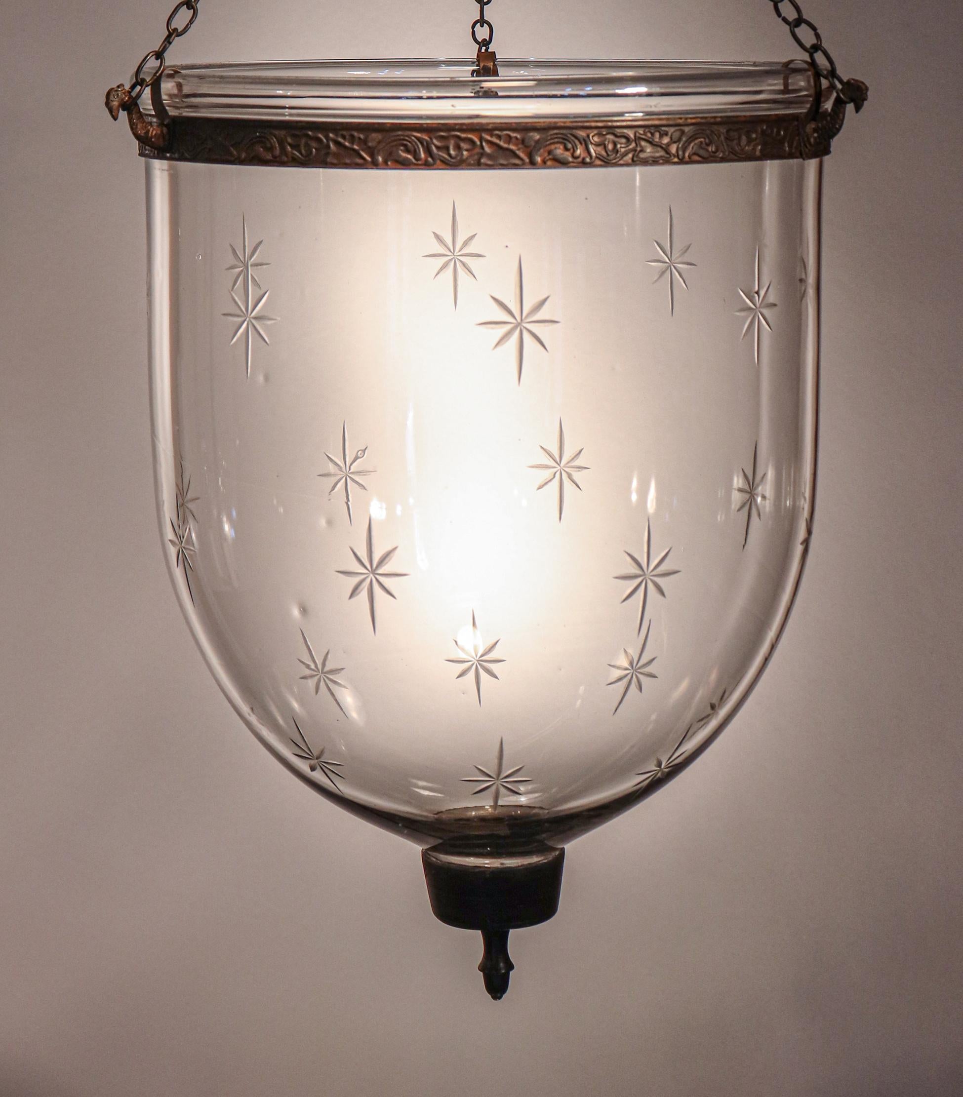 Pair of Antique Bell Jar Lanterns with Etched Stars 5