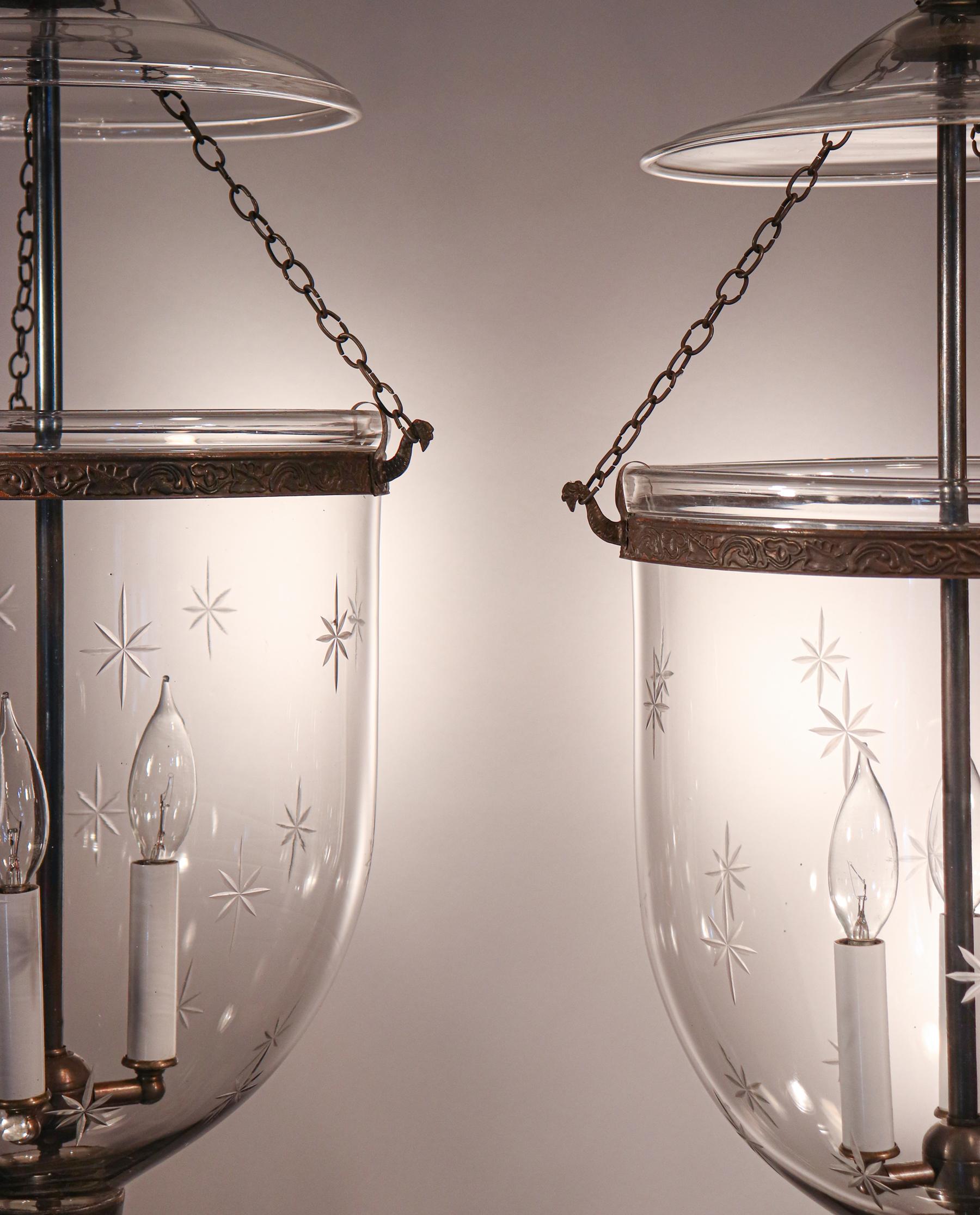 Victorian Pair of Antique Bell Jar Lanterns with Etched Stars