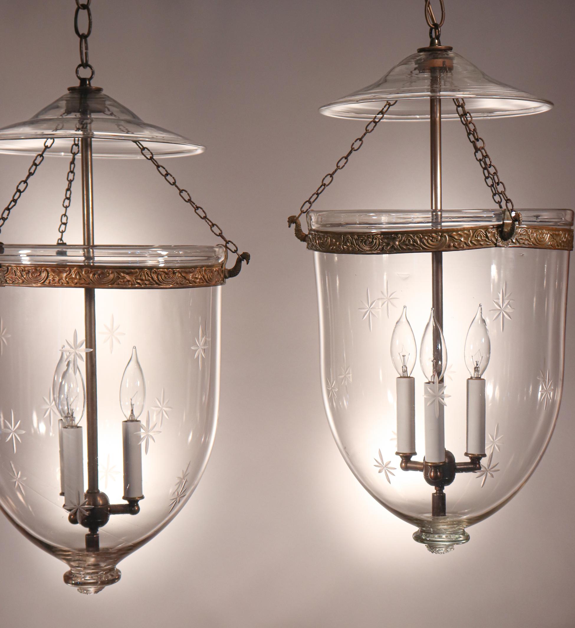 High Victorian Pair of Antique Bell Jar Lanterns with Etched Stars