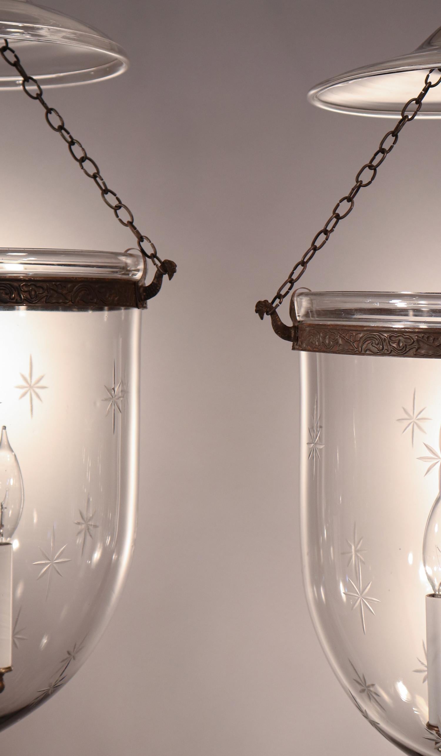 English Pair of Antique Bell Jar Lanterns with Etched Stars
