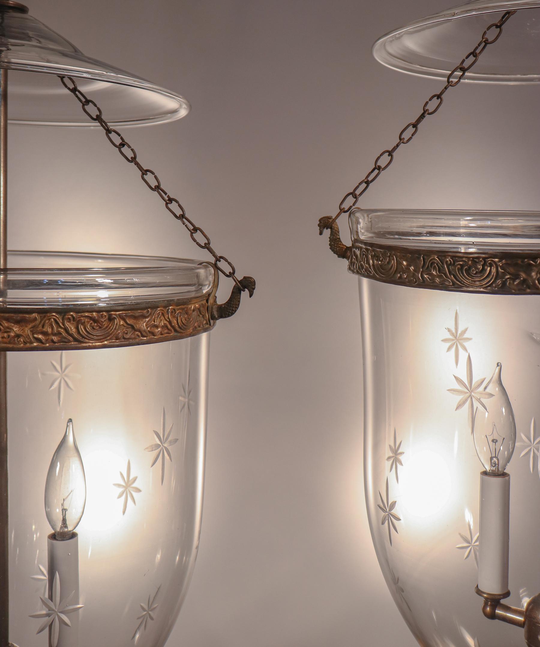 English Pair of Antique Bell Jar Lanterns with Etched Stars