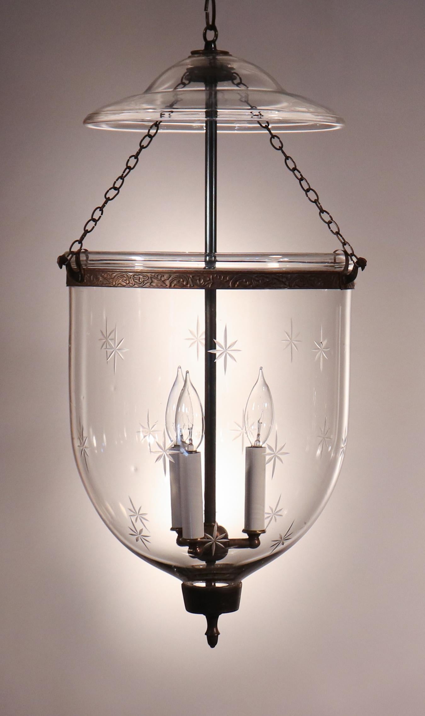 Pair of Antique Bell Jar Lanterns with Etched Stars In Good Condition In Heath, MA