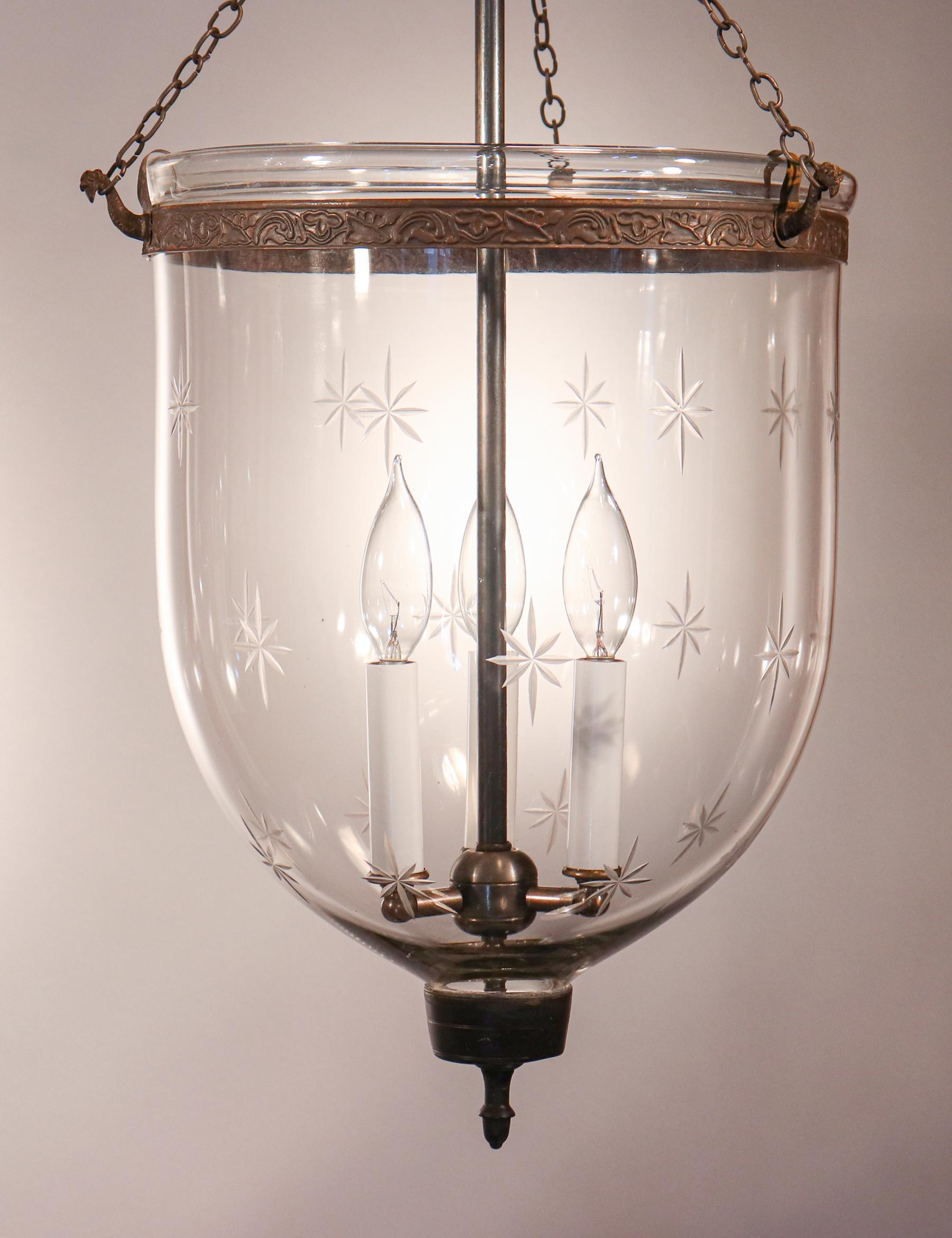 19th Century Pair of Antique Bell Jar Lanterns with Etched Stars