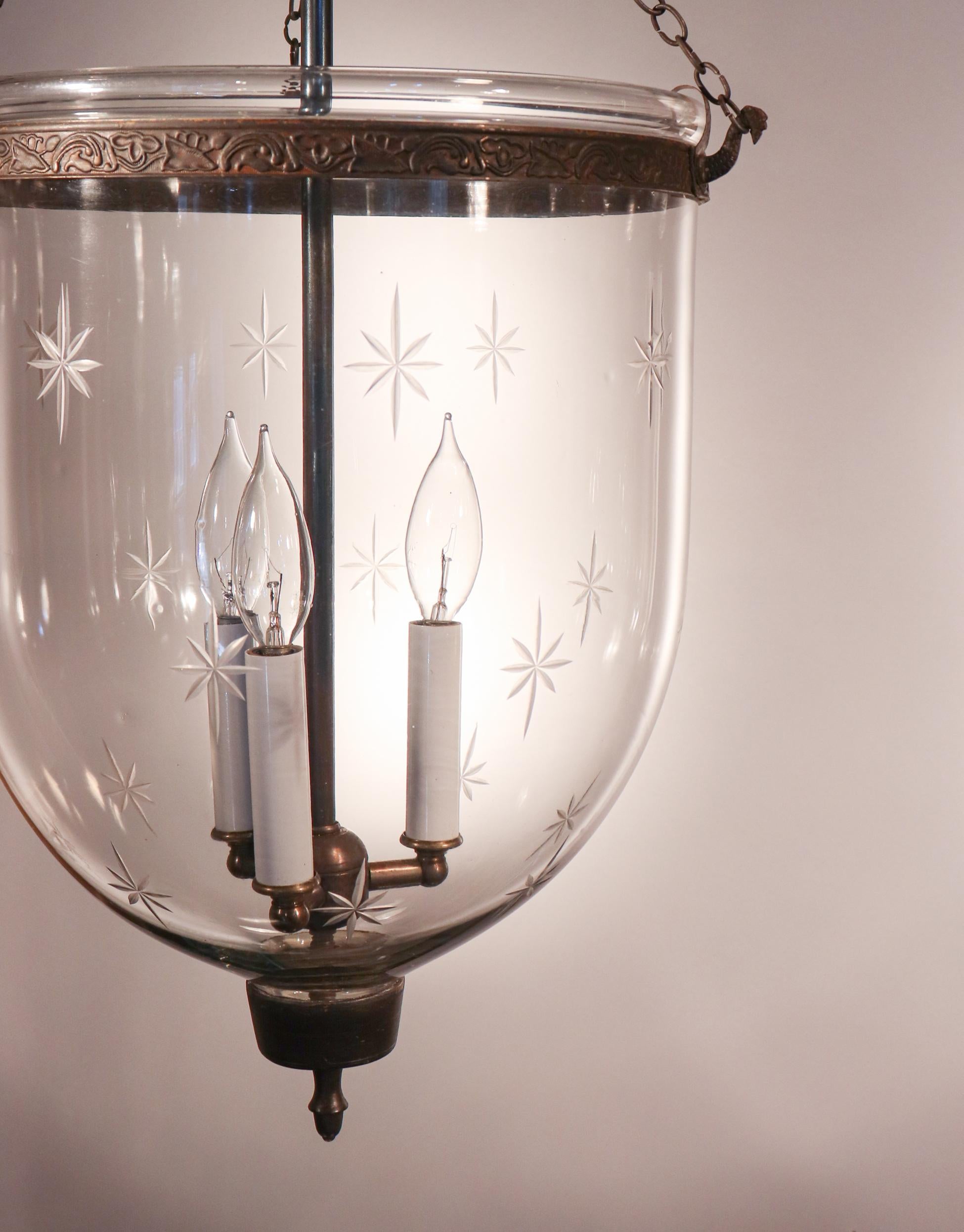 Glass Pair of Antique Bell Jar Lanterns with Etched Stars