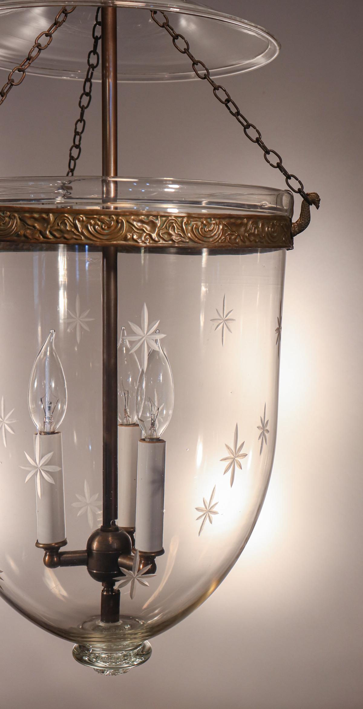 Glass Pair of Antique Bell Jar Lanterns with Etched Stars