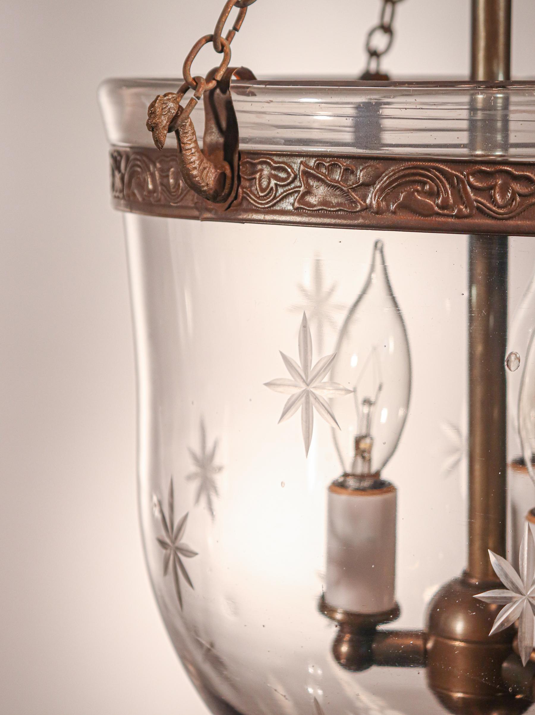 Pair of Antique Bell Jar Lanterns with Etched Stars In Good Condition In Heath, MA