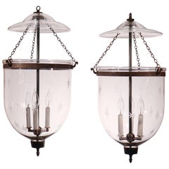 Pair of Antique Bell Jar Lanterns with Etched Stars