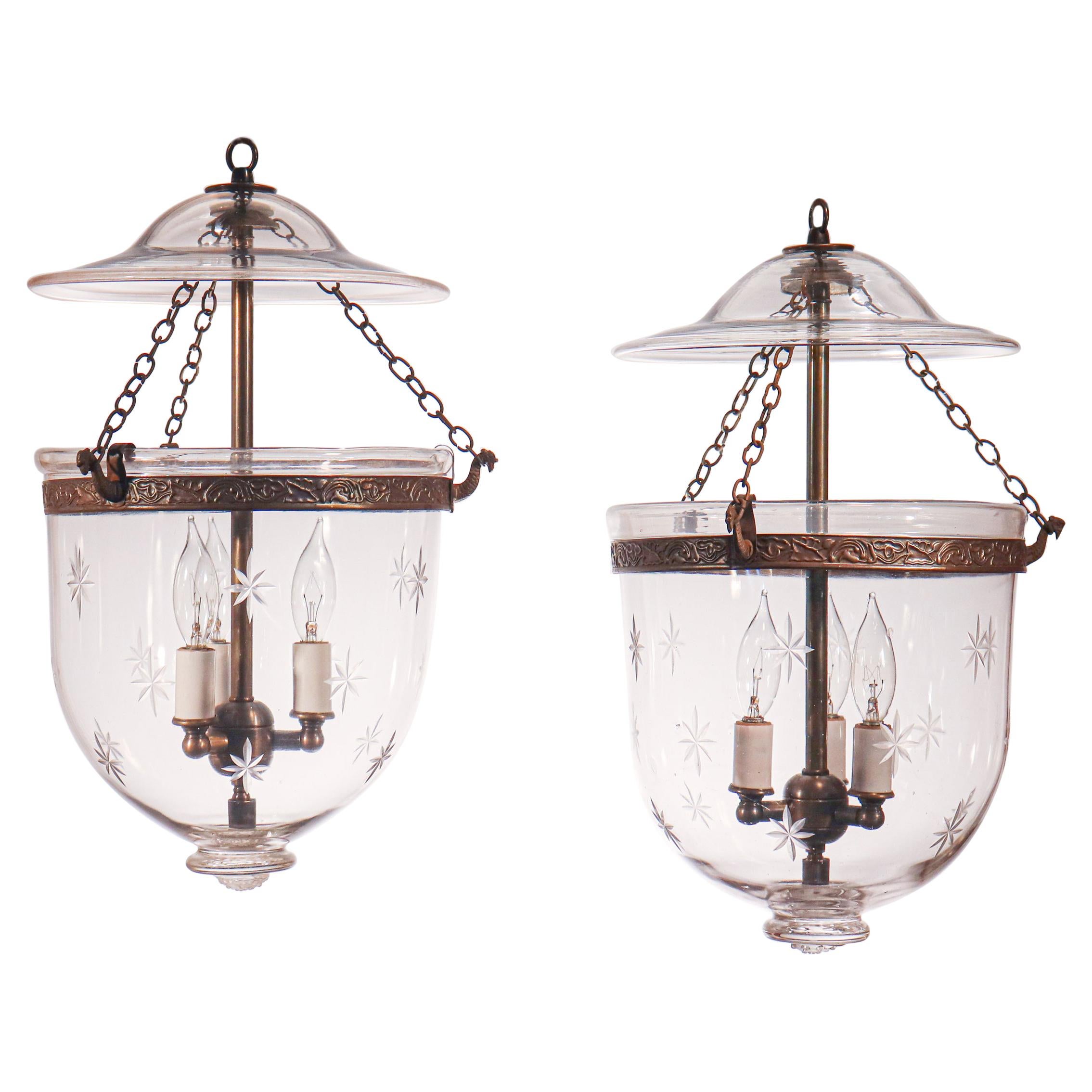 Pair of Antique Bell Jar Lanterns with Etched Stars
