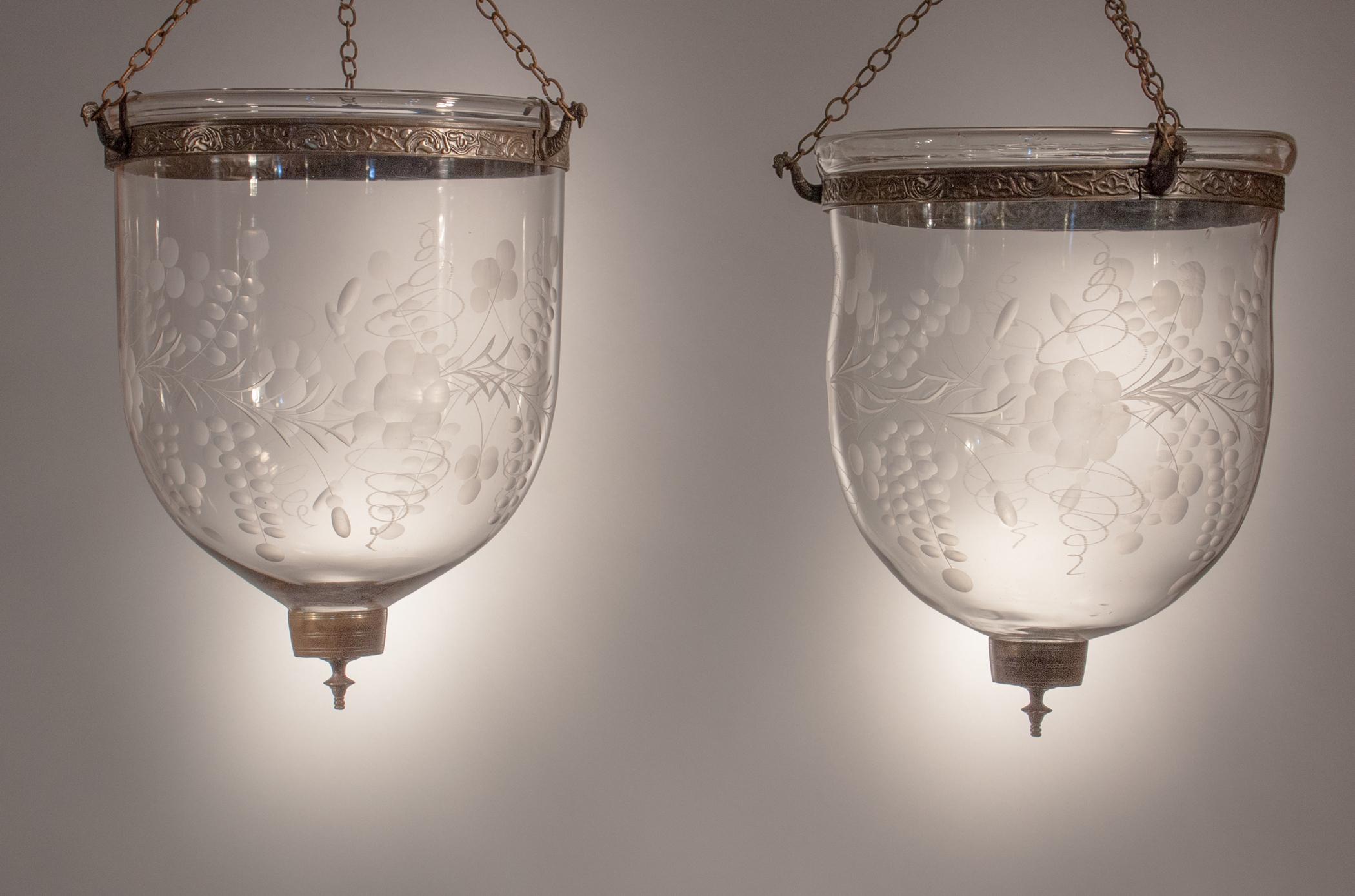 Pair of Antique Bell Jar Lanterns with Floral Etching 5
