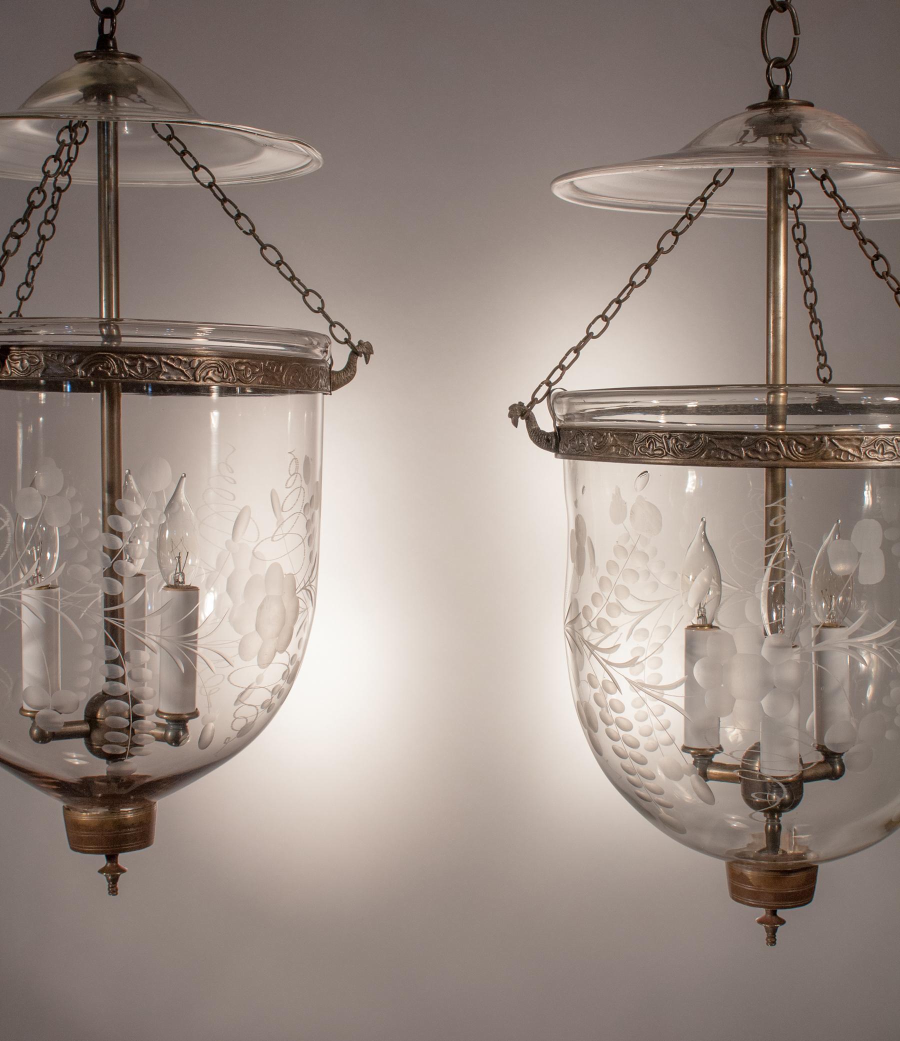 High Victorian Pair of Antique Bell Jar Lanterns with Floral Etching