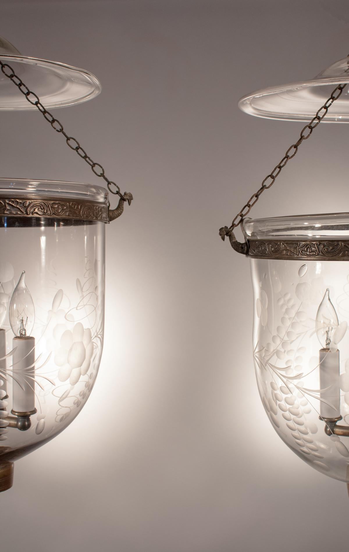 English Pair of Antique Bell Jar Lanterns with Floral Etching