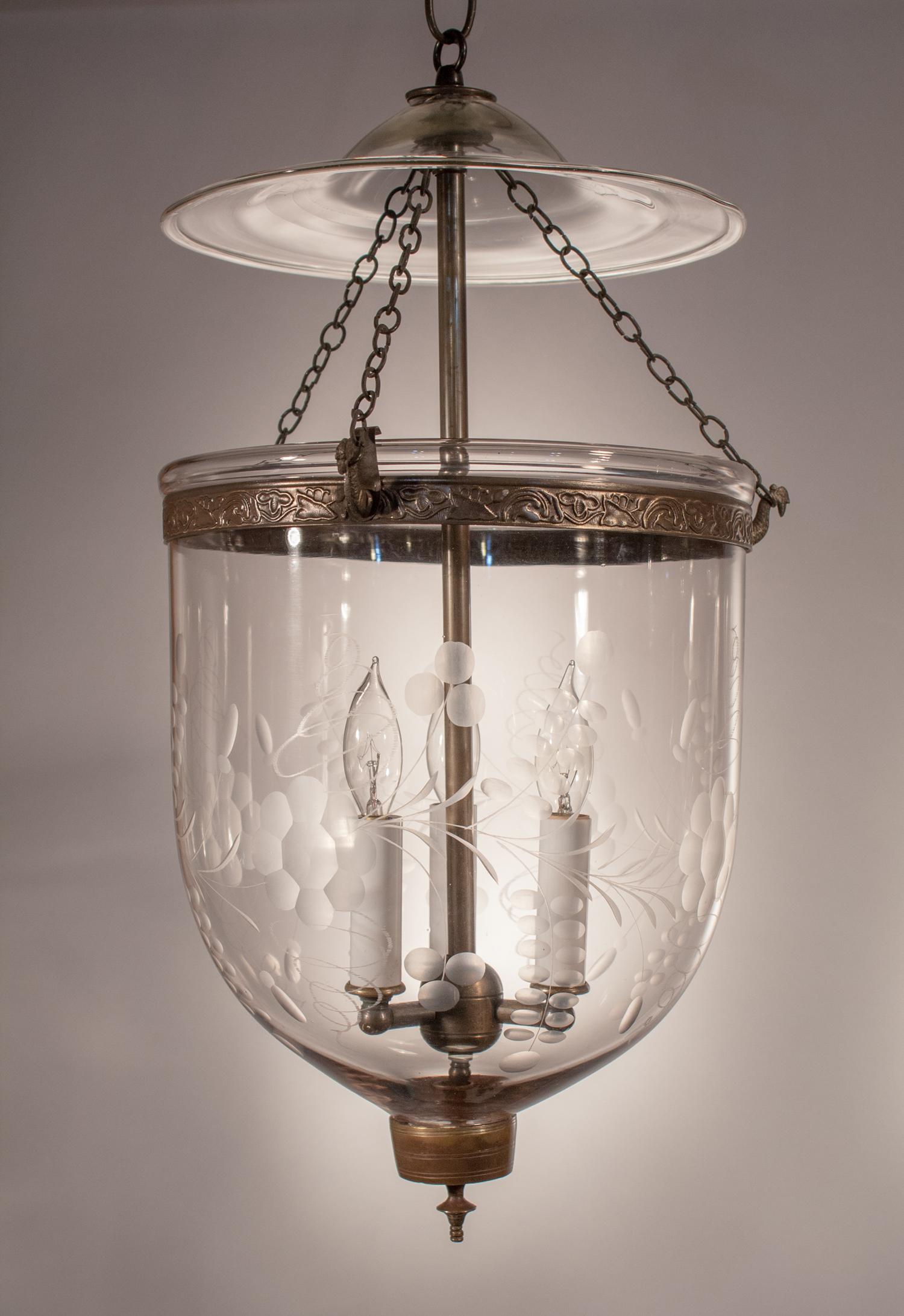 Etched Pair of Antique Bell Jar Lanterns with Floral Etching